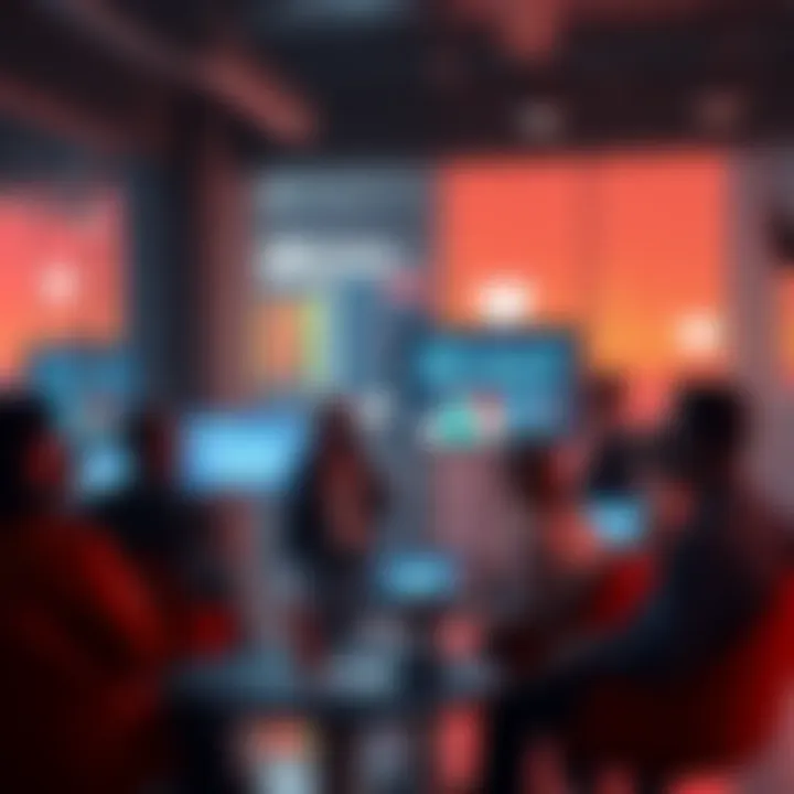 People discussing censorship-resistant technologies in a modern setting, showcasing devices and screens symbolizing free speech.