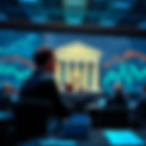 A central banker discusses Bitcoin's future at a conference, with charts and graphs showcasing economic data in the background.