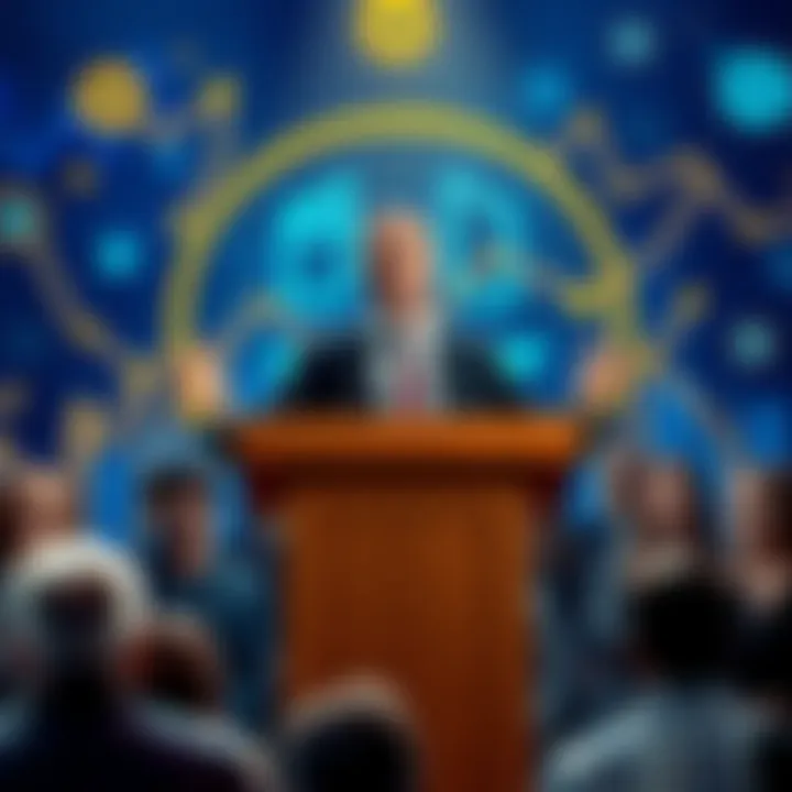 A business leader, CEO Brad, speaking at a podium with a backdrop of blockchain graphics and worried audience members