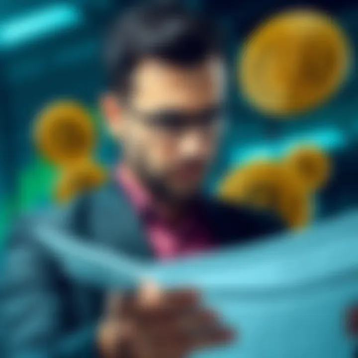 A businessman looking worried as he reviews financial documents, with Bitcoin symbols in the background, representing potential theft by company executives.