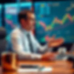 CEO sitting at a desk, explaining market price stagnation with charts in the background