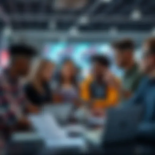 A group of diverse people discussing internship options at a CEX platform, with laptops and notes in front of them.