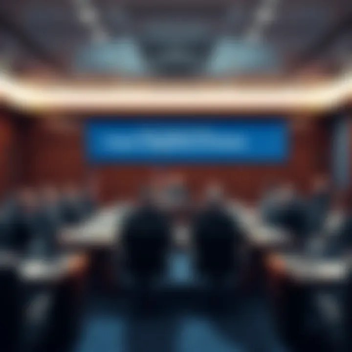 A meeting room with officials discussing cryptocurrency regulations, featuring a banner that says 'Crypto's Regulatory Evolution'