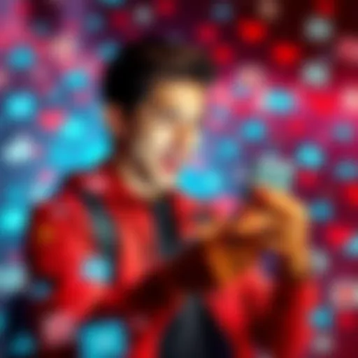 A young man enthusiastically engaging with social media on his phone, surrounded by a vibrant collage of comments and likes, representing internet fame