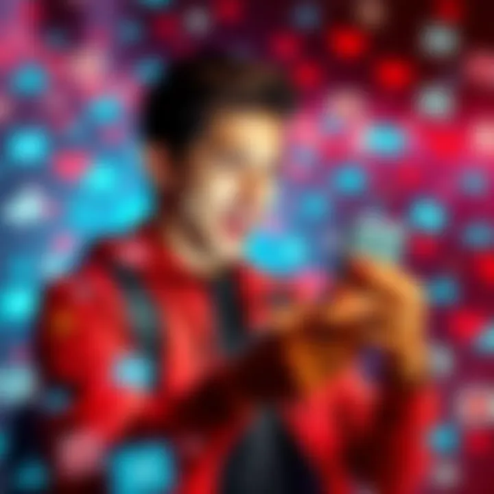 A young man enthusiastically engaging with social media on his phone, surrounded by a vibrant collage of comments and likes, representing internet fame