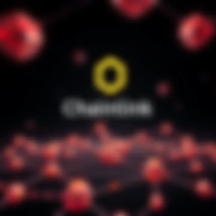 Illustration showing the Chainlink logo with a network of connected nodes representing its technology and functions