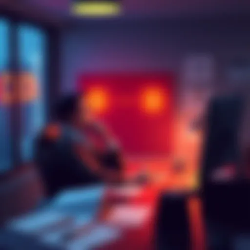 A person sitting at a desk contemplating two options: waiting for a badge or buying it now. Papers and a computer are on the desk.