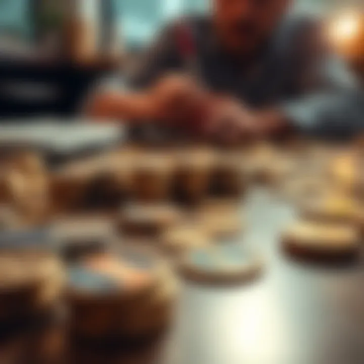 Various challenge coins laid out on a table with a person examining them