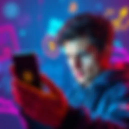 A person looking confused while using a cryptocurrency app on their phone, with symbols of wallets and transactions in the background.