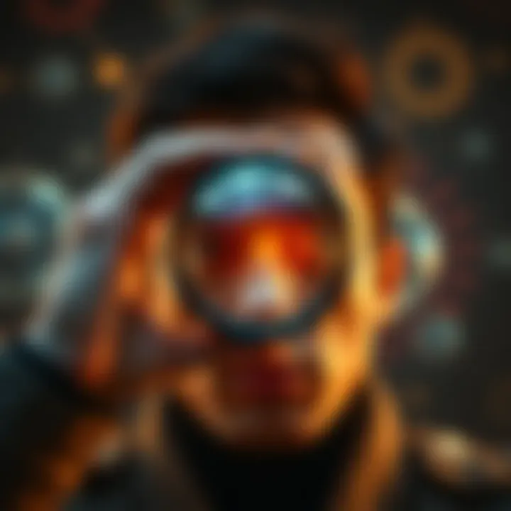 Changing Perspective A person looking through a different lens, symbolizing a shift in views and narratives, with abstract shapes reflecting new ideas in the background.