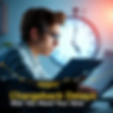 A person looking frustrated at their computer while reviewing chargeback documents, with a clock showing time passing slowly in the background.