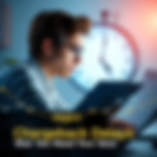 A person looking frustrated at their computer while reviewing chargeback documents, with a clock showing time passing slowly in the background.