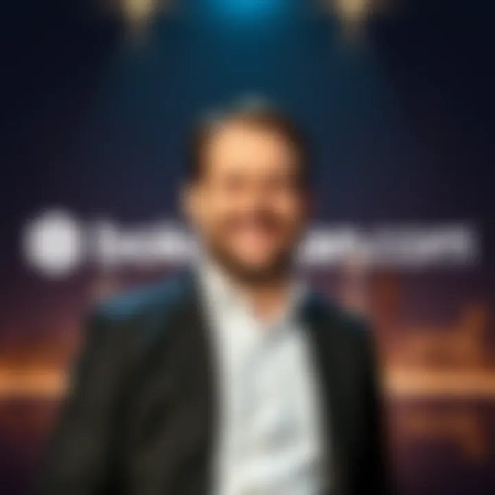 Charles Hoskinson smiling with Cardano logo and Blockchain.com logo in the background, symbolizing Cardano's new availability for users