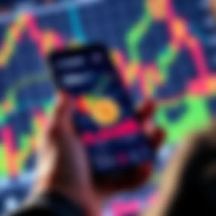 A person using a smartphone to trade Bitcoin and Ethereum on the Schwab Crypto platform with financial graphs in the background.
