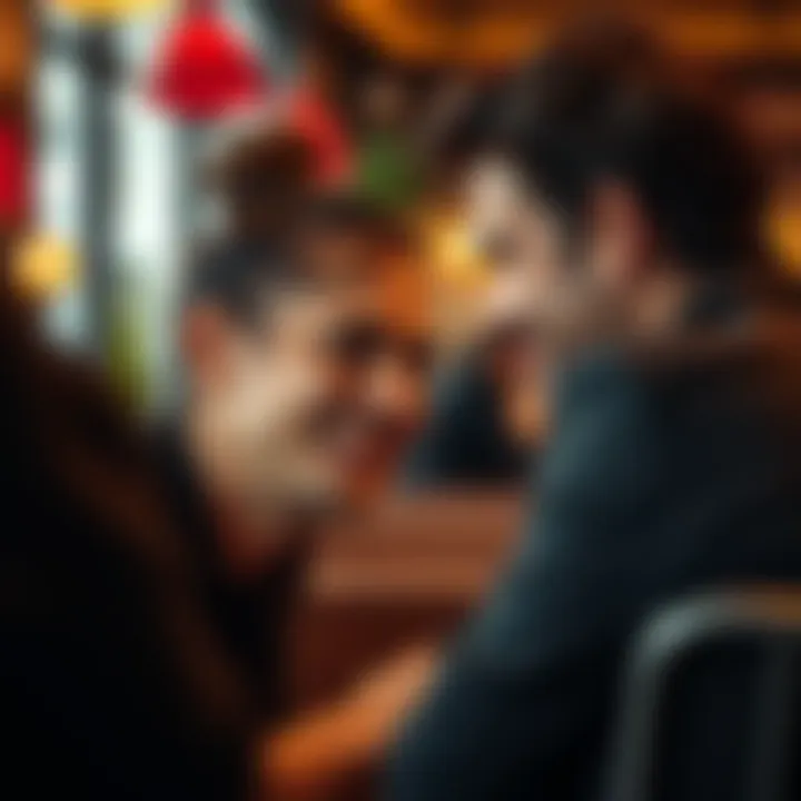 Person Sharing Secrets A person with a charming smile leans in to talk to a friend, seemingly sharing confidential information in a cozy cafรฉ setting.