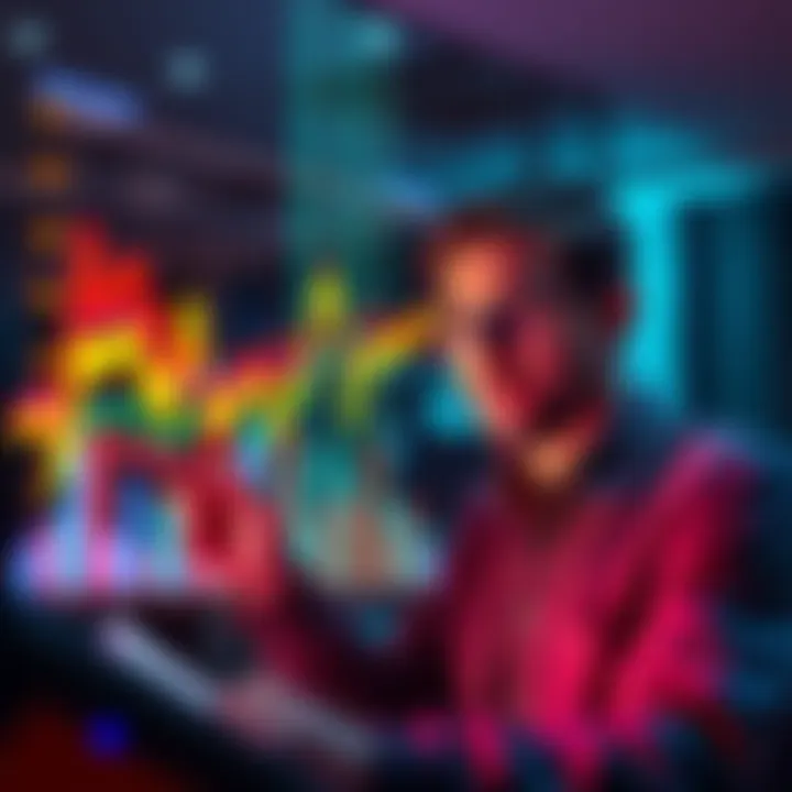 A person analyzing a line graph with colorful projections, highlighting key data points for better decision-making.