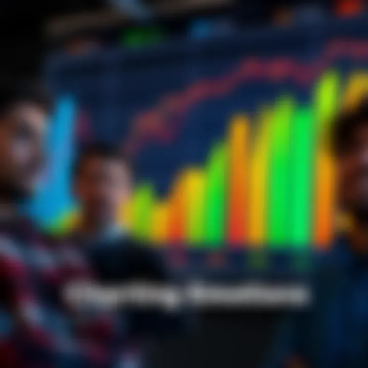 A colorful chart displaying various data points with people expressing different emotions like surprise and confusion while looking at it.