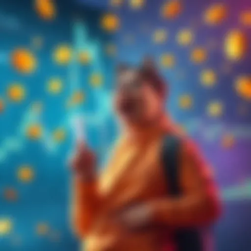 A person excitedly plans to acquire one million Doge coins, surrounded by charts and crypto symbols.