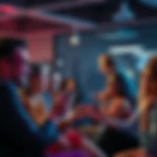 A group of people engaging in lively discussions in a chat room setting, expressing various emotions through their facial expressions.