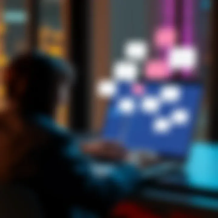 A person using a laptop with chat bubbles appearing on the screen while checking emails