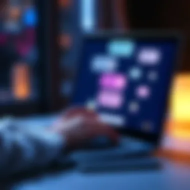 A person using a chat service on a laptop with chat bubbles appearing on the screen