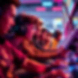 Cheaters at Mini Arcade Game Players intensely focused on mini arcade games, some celebrating rapid victories while others look concerned about cheating behavior.