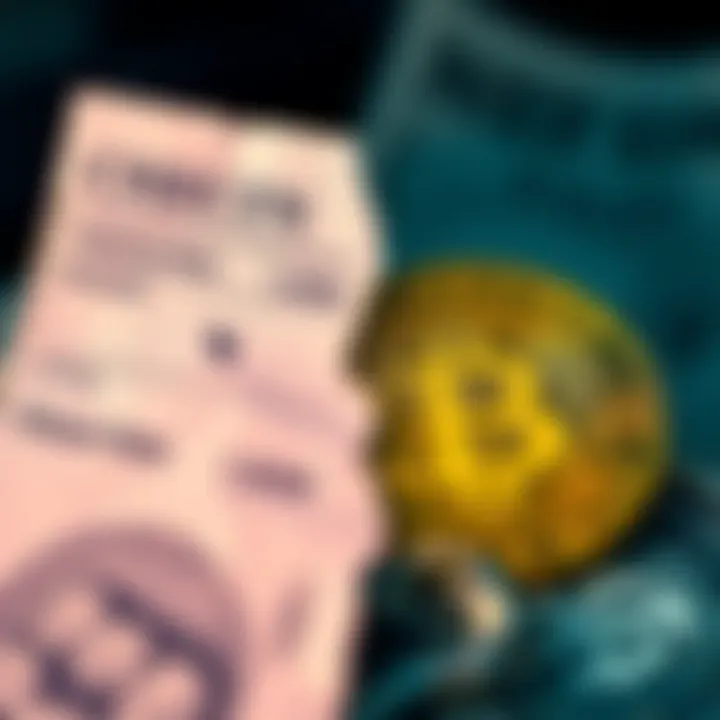 A split image showing a checking account statement and a Bitcoin symbol, illustrating the comparison of interest rates and cryptocurrency earnings.