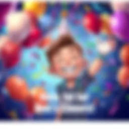 A joyful cartoon character named Ben holding a party hat and confetti, surrounded by colorful balloons and streamers, symbolizing celebration.