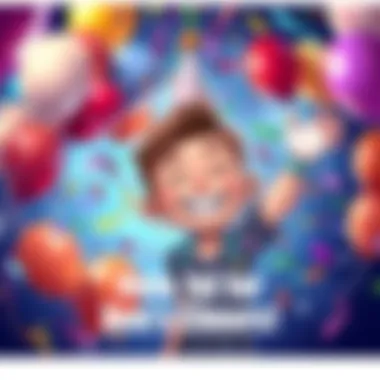 A joyful cartoon character named Ben holding a party hat and confetti, surrounded by colorful balloons and streamers, symbolizing celebration.