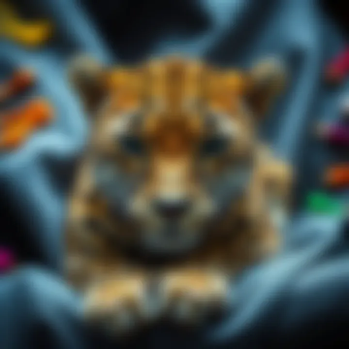 Large cheetah still life pattern printed on fabric with colorful thread arranged around it