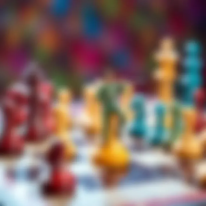 A colorful chessboard with toy figures replacing traditional chess pieces, showcasing a fun blend of strategy and play.