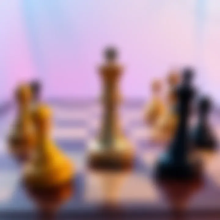A chessboard with a chess piece representing strategy and several checkers representing haste, symbolizing different approaches in cryptocurrency.