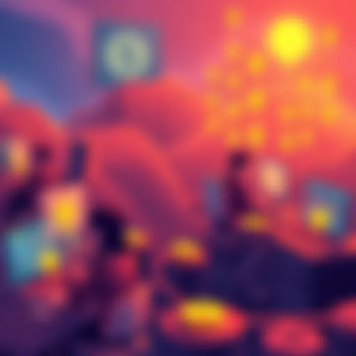 Chia Blockchain Compactification Illustration showing people working together on computers to optimize the Chia blockchain, with tokens displayed as rewards.