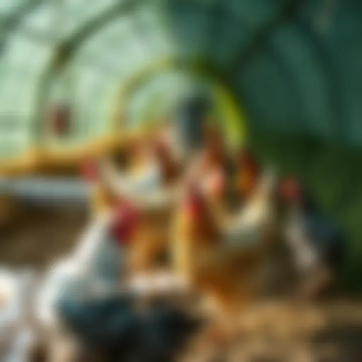 A group of chickens in a farm setting, some laying eggs while others roam, with a grain feeder in the background of an overgrown polytarp tunnel.