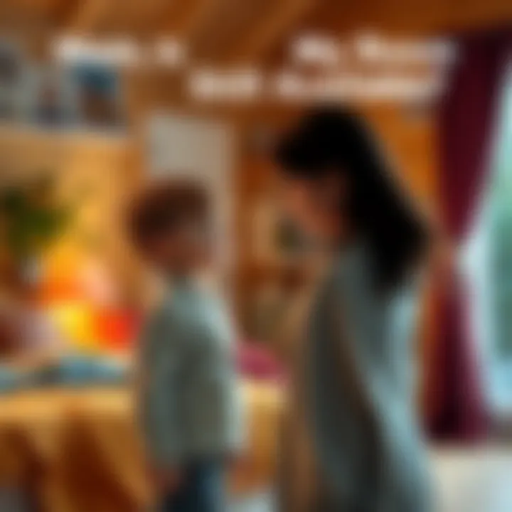 A child stands next to a parent, looking curiously at them while asking about their old room in a cozy home setting.
