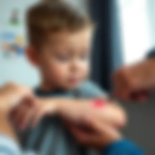 A young child showing a swollen and red bug bite on their arm, looking concerned while a parent inspects it