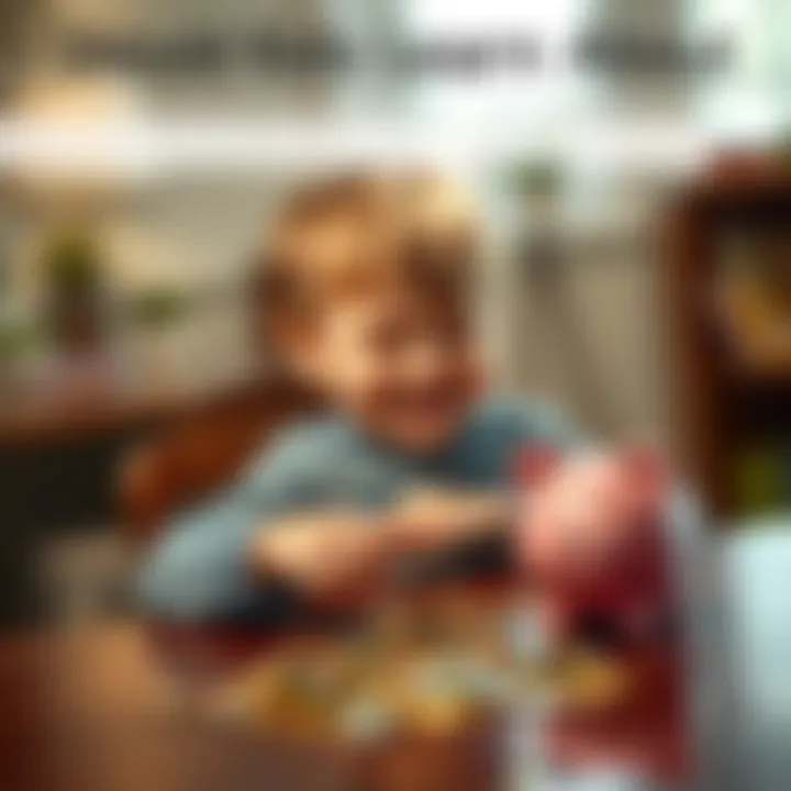A young child sits at a table, happily counting coins and playing with a small piggy bank, learning about money concepts.