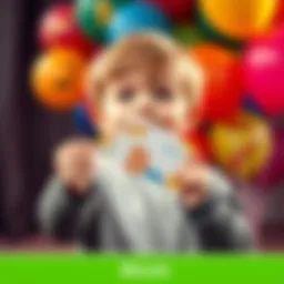 A child excitedly holding a Bitcoin gift card with colorful balloons in the background.