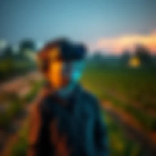 A 9-year-old boy wearing night vision goggles, exploring a farm at night with excitement, surrounded by trees and open fields.