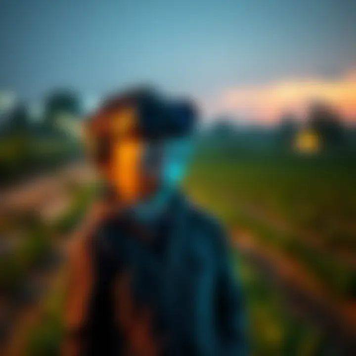 A 9-year-old boy wearing night vision goggles, exploring a farm at night with excitement, surrounded by trees and open fields.