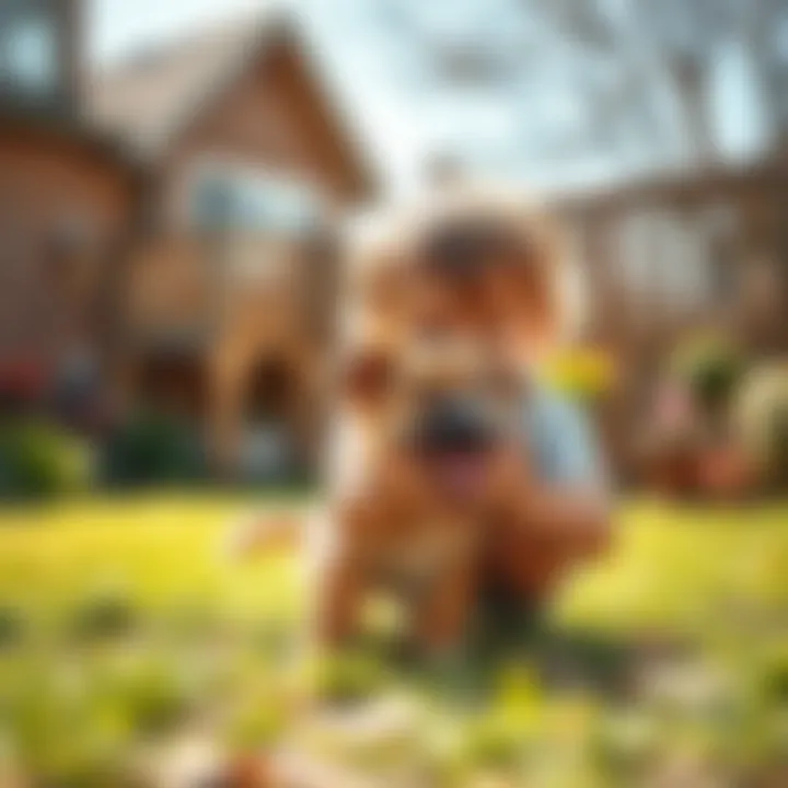 A cheerful child playing with a mischievous puppy in a sunny backyard, creating laughter and joy