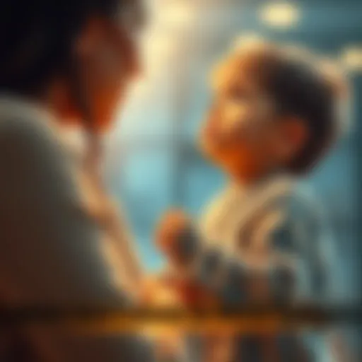A young child holds their mother's hand, asking her not to leave for work while looking up with sad eyes.