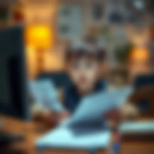 A young child sitting at a table with savings account documents and a concerned expression while looking at a computer screen.
