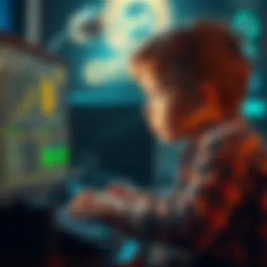 Childhood Bitcoin Mining A child sitting at a computer, looking at Bitcoin mining software with a thoughtful expression, symbolizing nostalgia and missed opportunities in cryptocurrency.