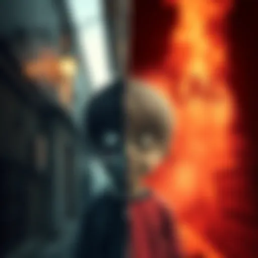 A split image showing a child's drawing of a monster on one side and a dark alley depicting real-life dangers on the other side.