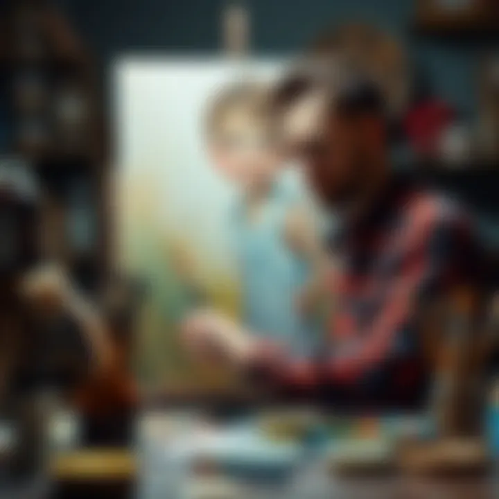 An artist working on a 9x12 childhood portrait, surrounded by paints and brushes, showing dedication and creativity.
