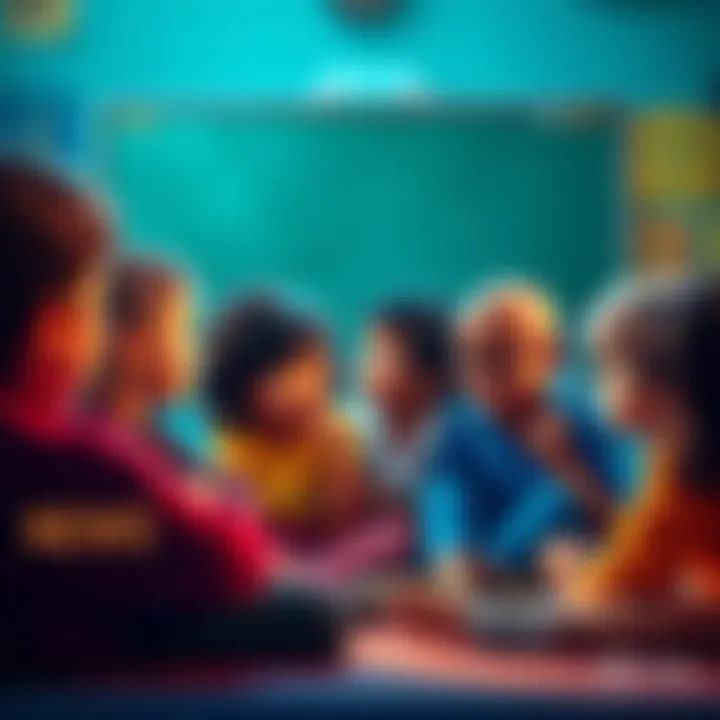 A group of children sitting together, actively listening to a teacher discussing important life lessons, with a focus on values and personal growth.