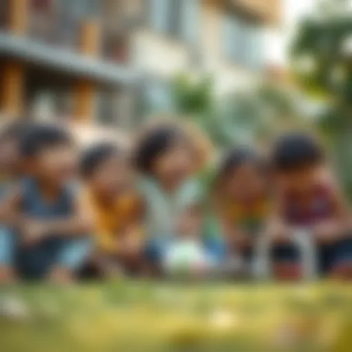 A group of children laughing and playing creatively outside, showcasing their playful energy and innocence.