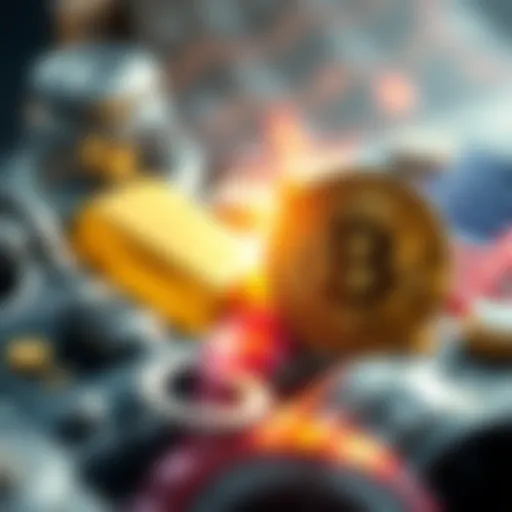 A visual comparison showing gold bars symbolizing China's investments on one side, and Bitcoin symbols representing US holdings on the other side, illustrating the financial strategies of both nations...