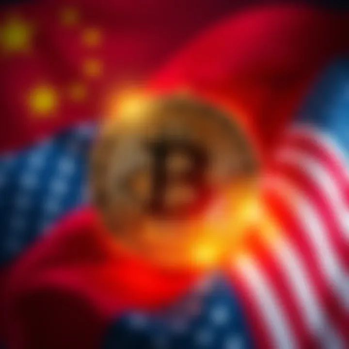 A graphic depicting a digital Bitcoin icon with flags of China and the US in the background, symbolizing the accusation of Bitcoin theft.